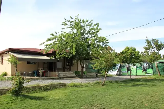 Hause of İstanbul tesisinde bahçe ve tek katlı ana bina; arka planda ağaçlar ve yeşil çitler
